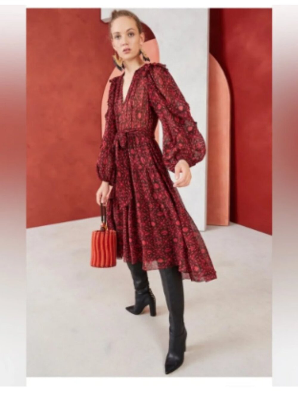 Ulla Johnson Aliya Midi Flora Silk Dress Long Sleeves Sz 4